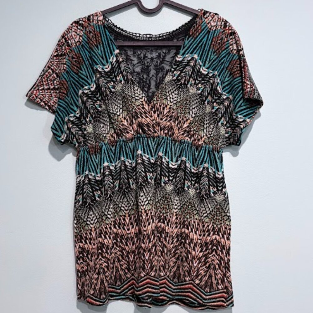 Y2K or late 90s Lace Back Babydoll dollman sleeve tunic late blue brown